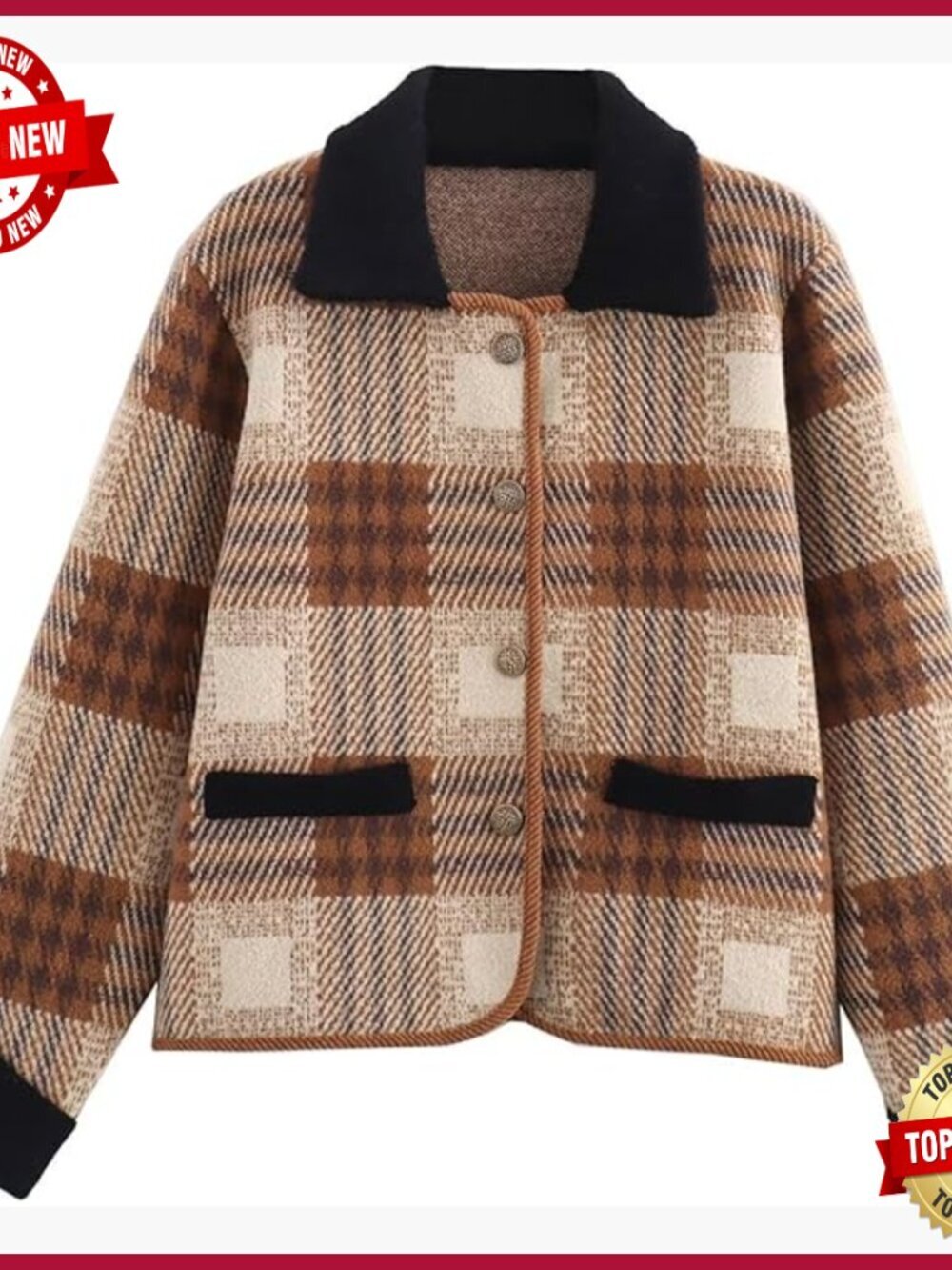 Vintage Plaid Print Long Sleeve Cardigan Button Down Knit Sweater Coat with